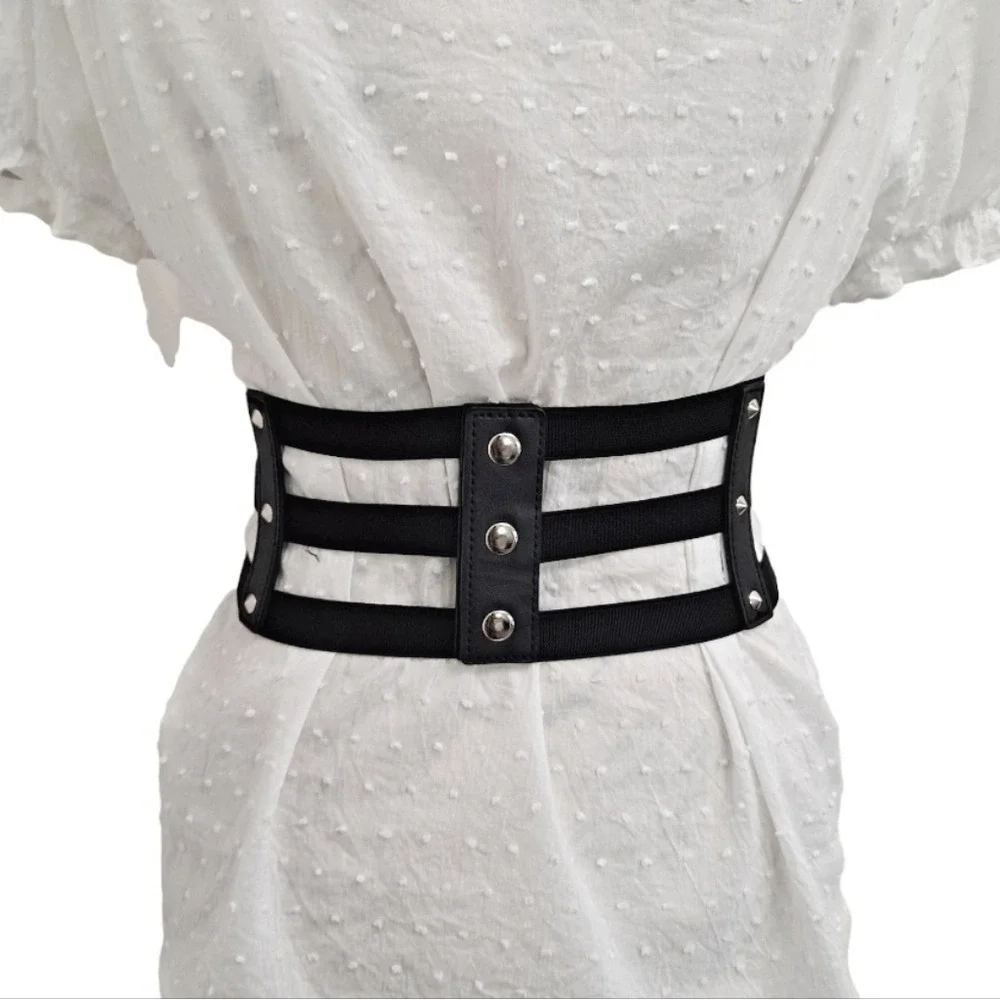 Faux leather Wide corset waist Black Belt studded Goth punk Triple buckle